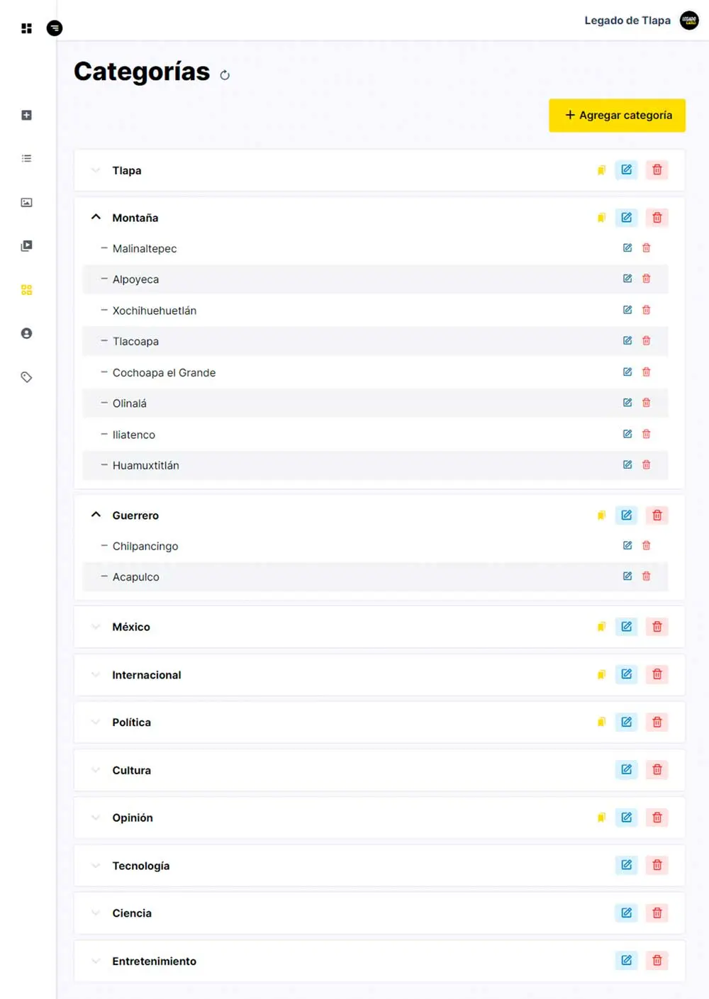 Panel para administrar categorías